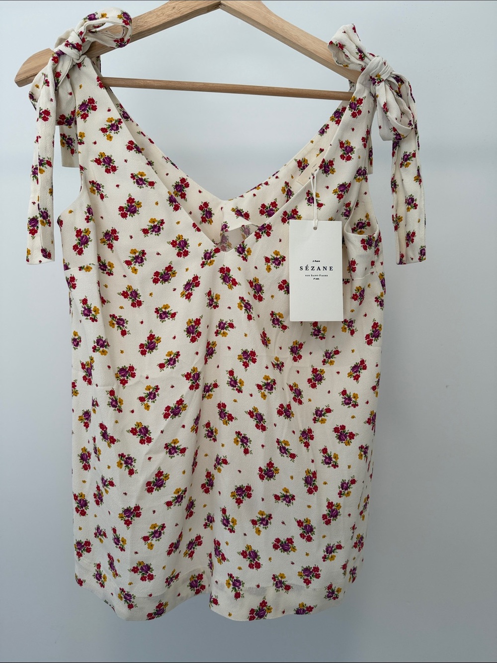 New!! Sézane Floral Tie-Shoulder Camisole in Cream with Pink Bouquet Print